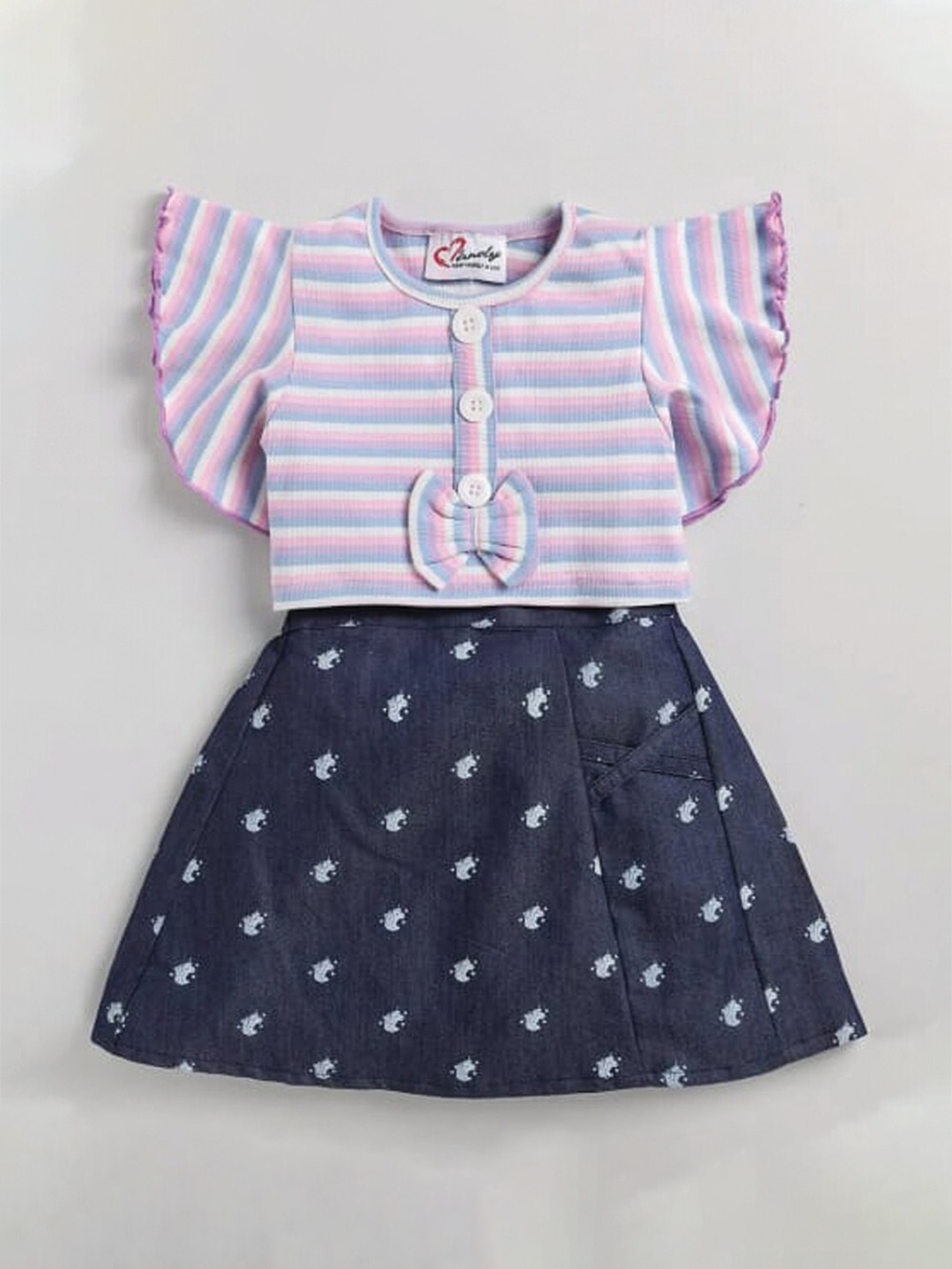 

M'andy Girls Striped Pure Cotton Top with Skirt, Pink