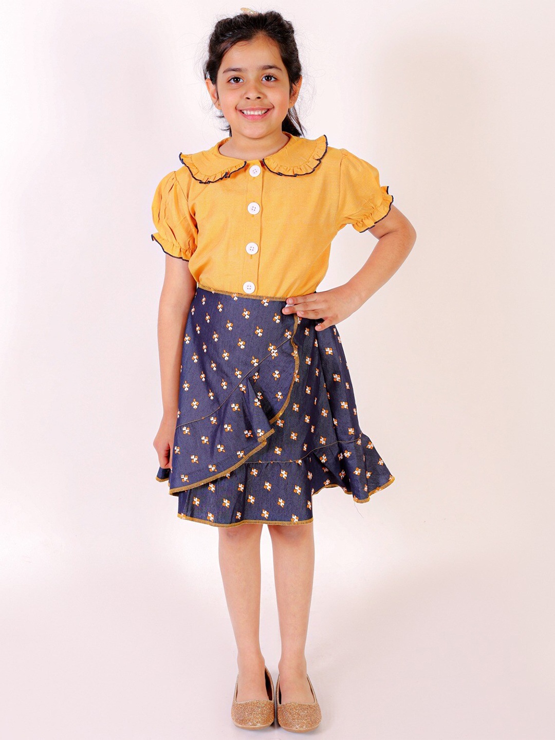 

M'andy Girls Peter Pan Collar Pure Cotton Shirt with Printed Layered Skirt, Mustard