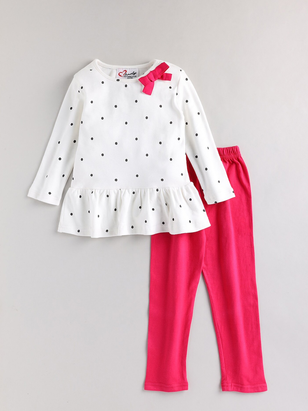 

M'andy Girls Polka Dots Printed Bow Pure Cotton Top with Leggings, Pink