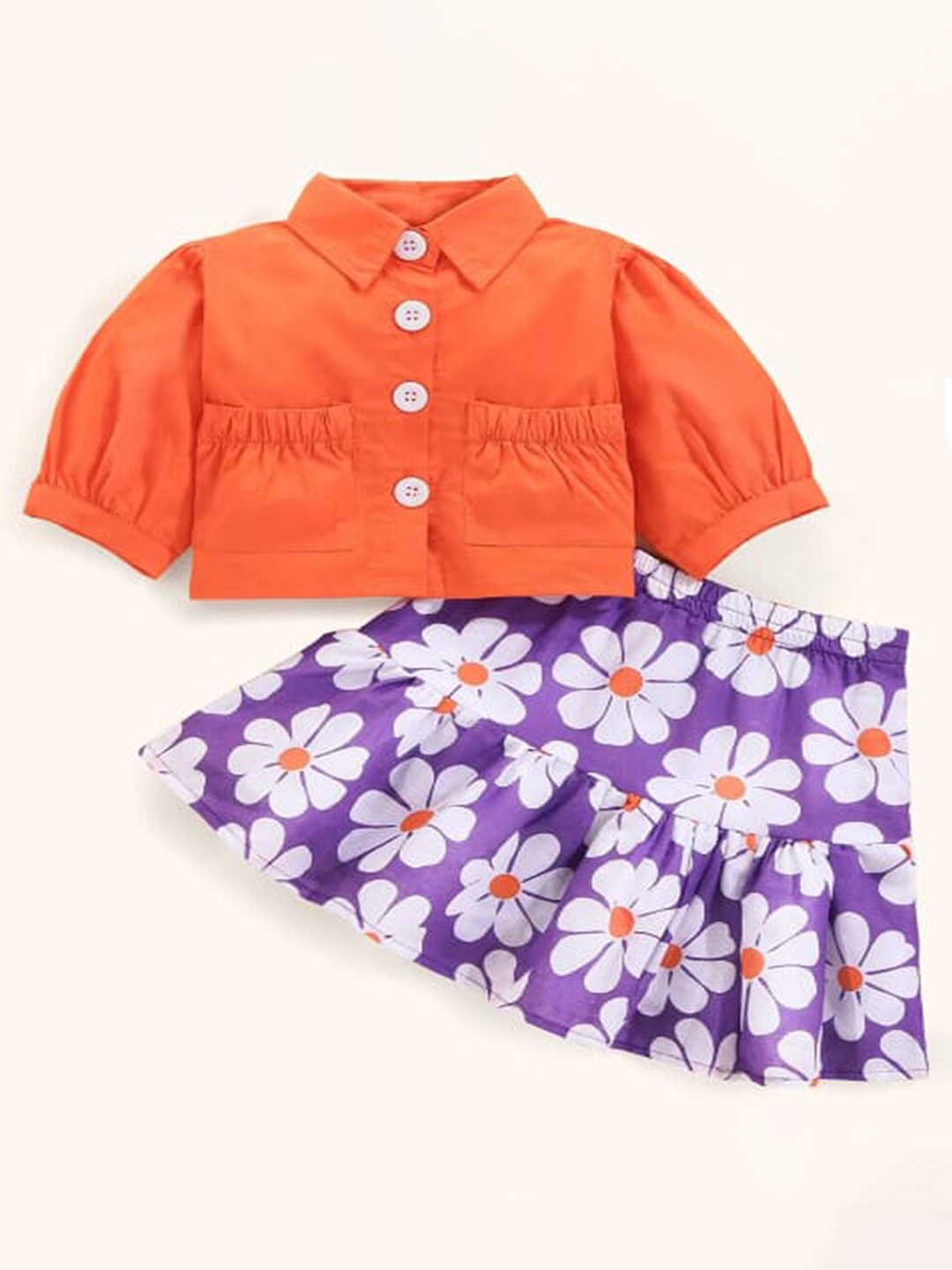 

M'andy Girls Floral Printed Pure Cotton Shirt with Skirt, Orange