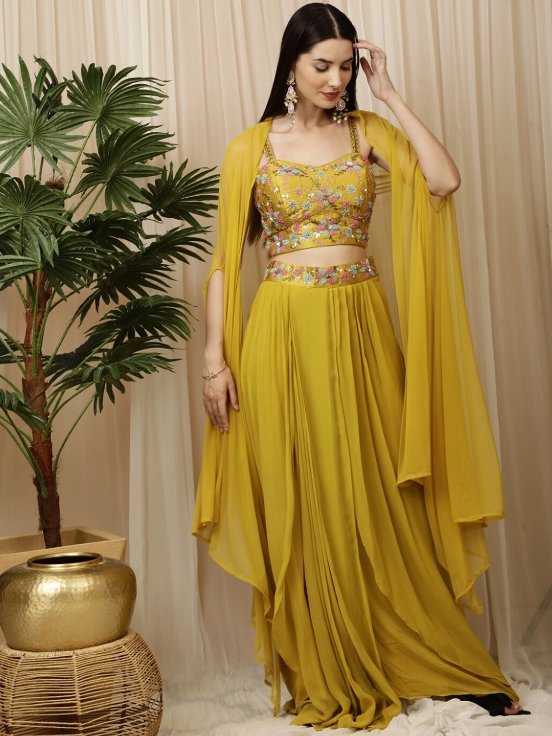 

Laalzari Embroidered Crop Top With Skirt & Shrug, Yellow