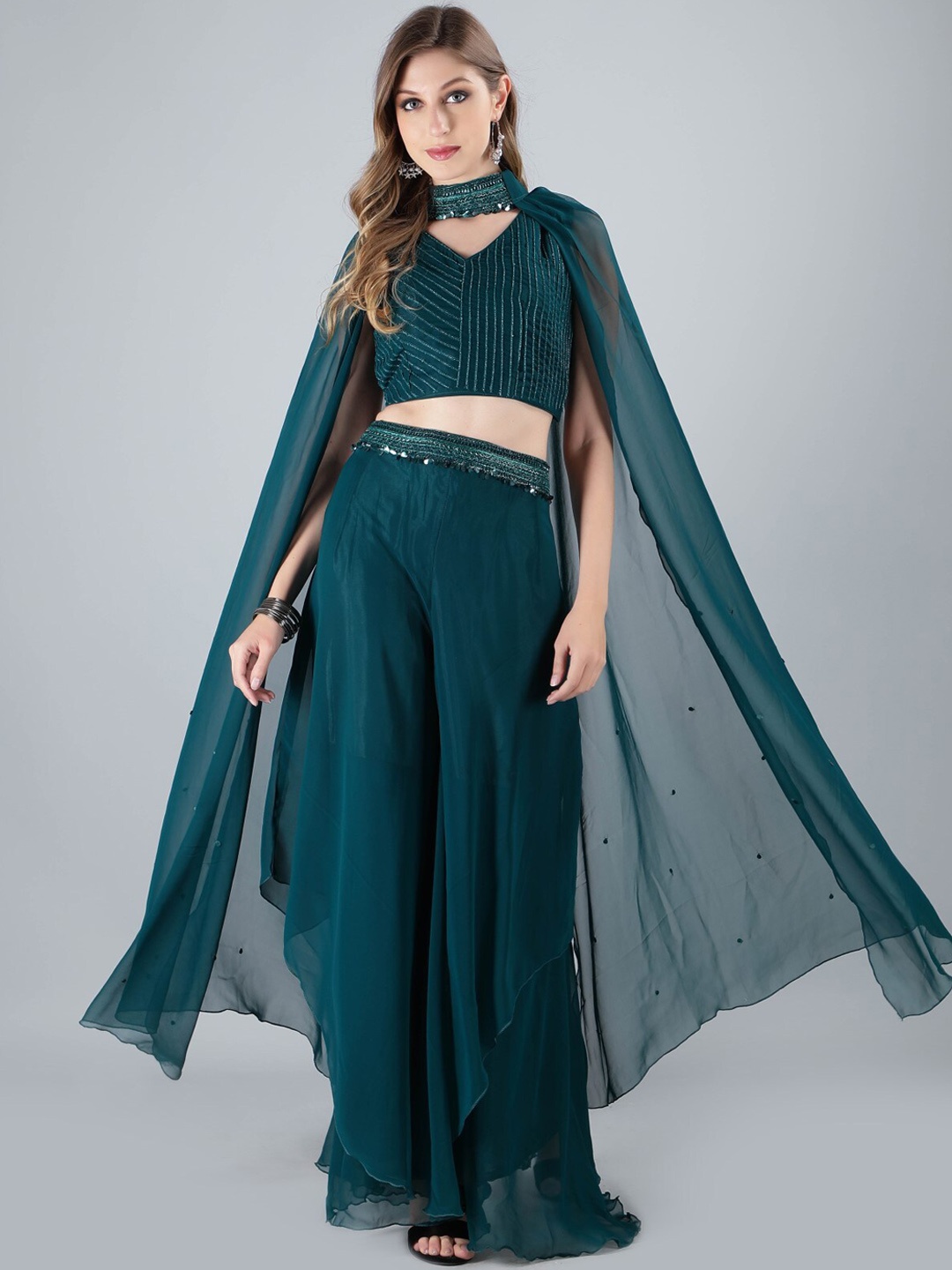 

Laalzari Embroidered V-Neck Crop Top & Flared Palazzos With Dupatta, Green