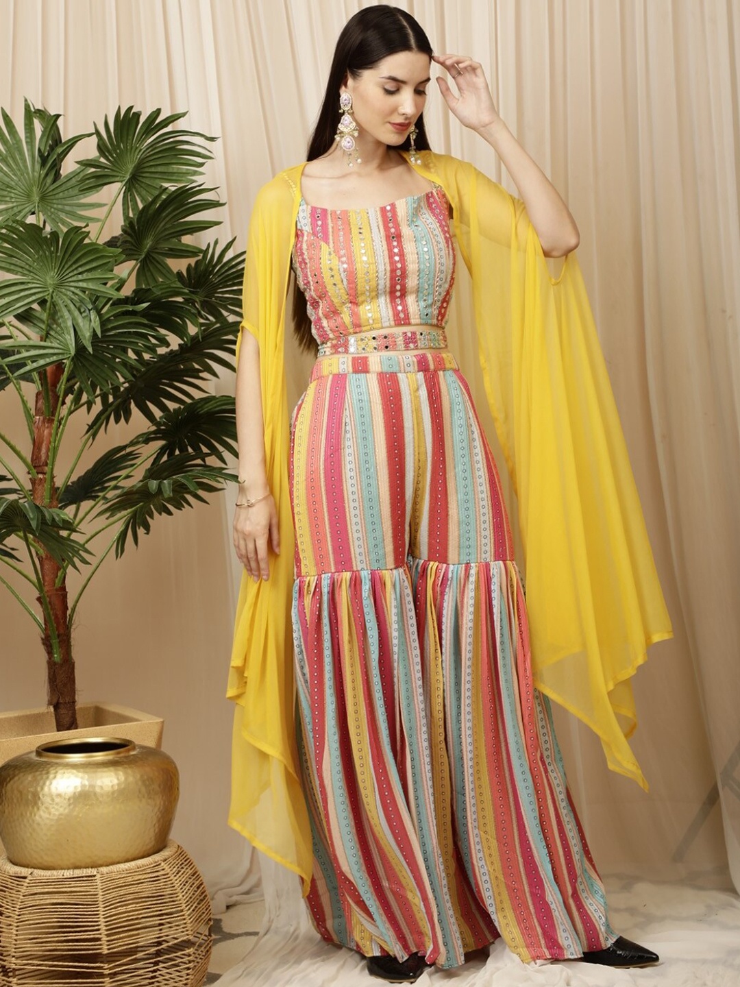 

Laalzari Striped Georgette Crop Top & Sharara with Shrug Ethnic Co-Ords, Yellow