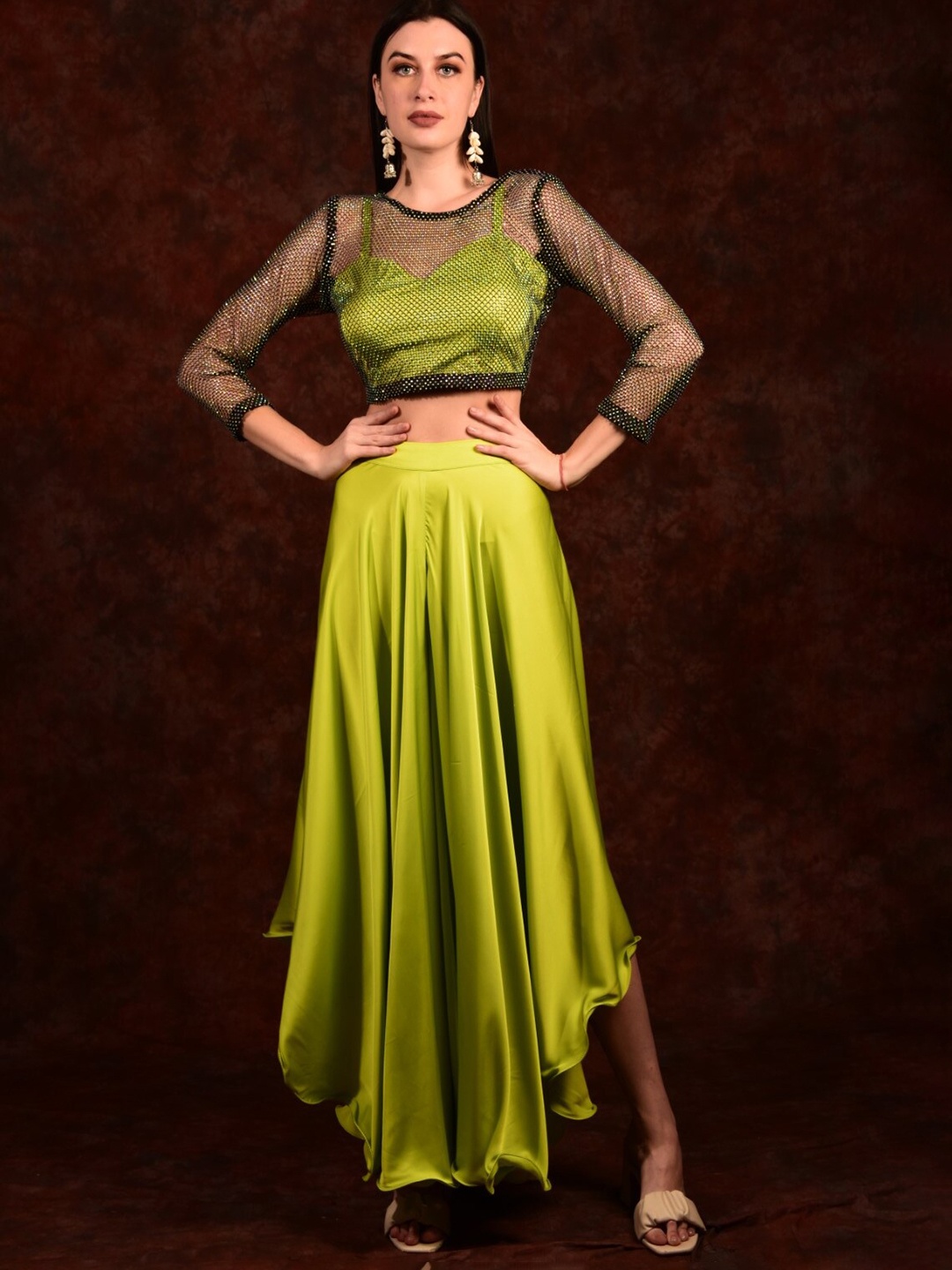 

Laalzari Shoulder Strap Crop Top & High Low Palazzo With Net Jacket, Green