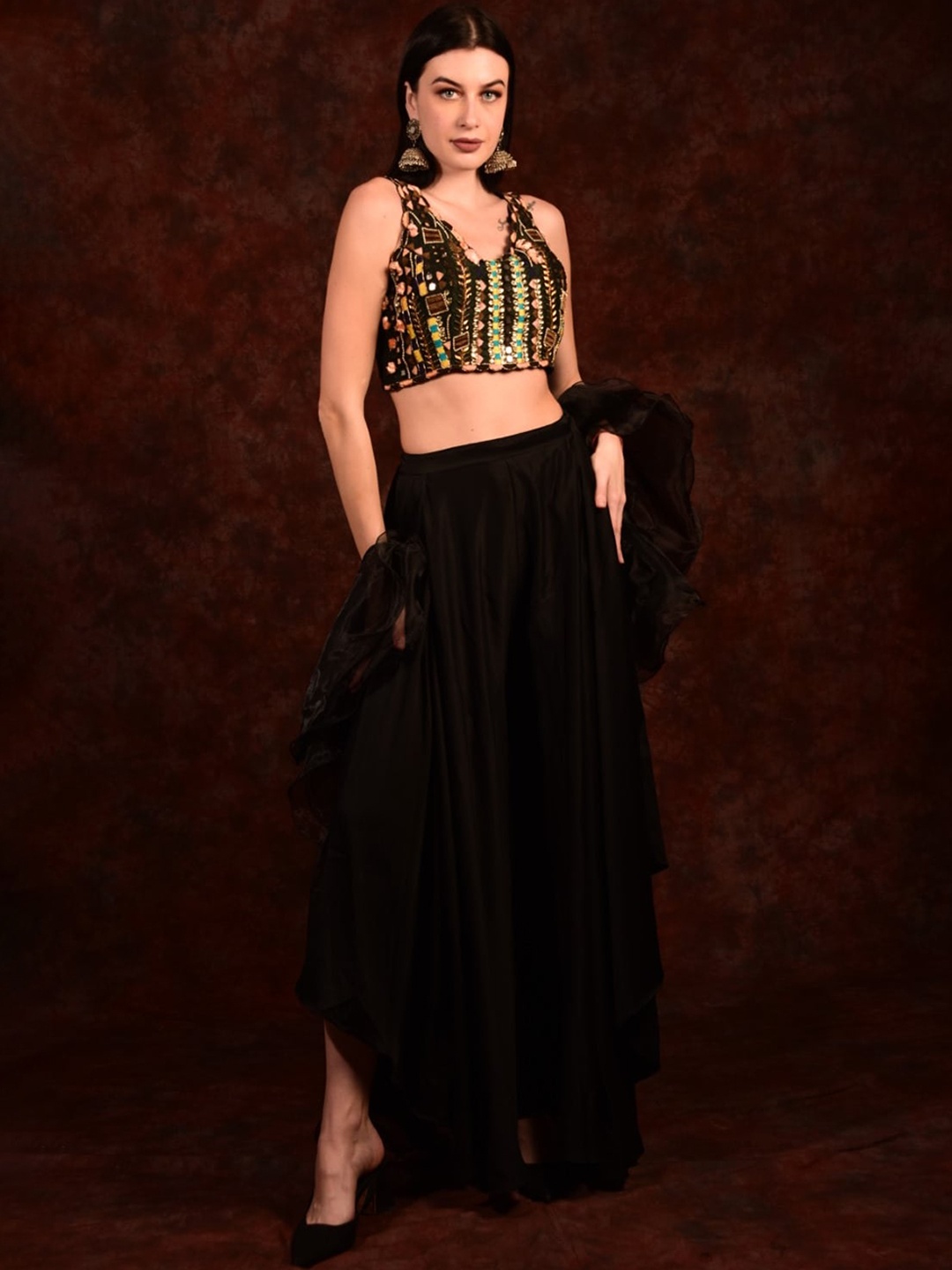 

Laalzari Embroidered Satin Crop Top & Upper Slit Wide Palazzo With Dupatta, Black
