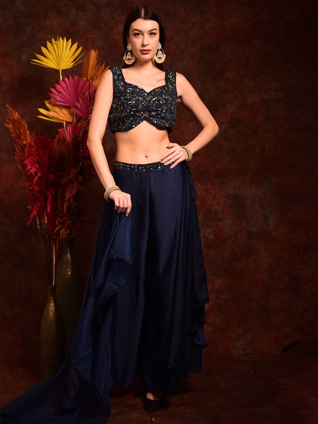

Laalzari Women Crop Top with Palazzo and Dupatta, Navy blue