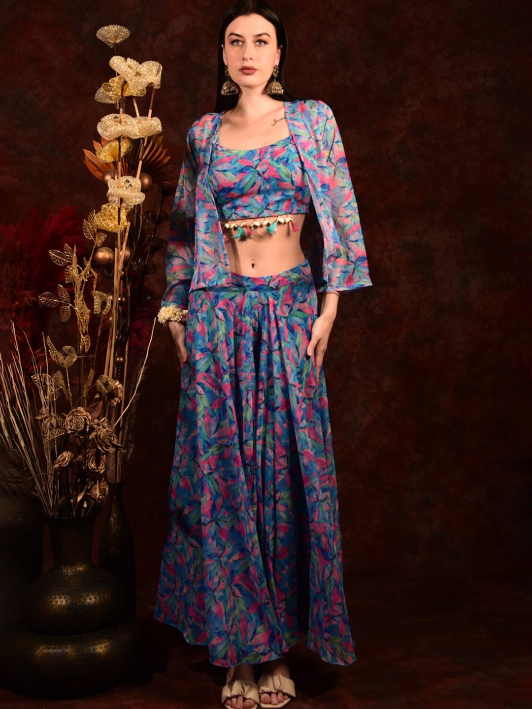 

Laalzari Floral Printed Shoulder Strap Crop Top & Wide Palazzo With Jacket, Blue