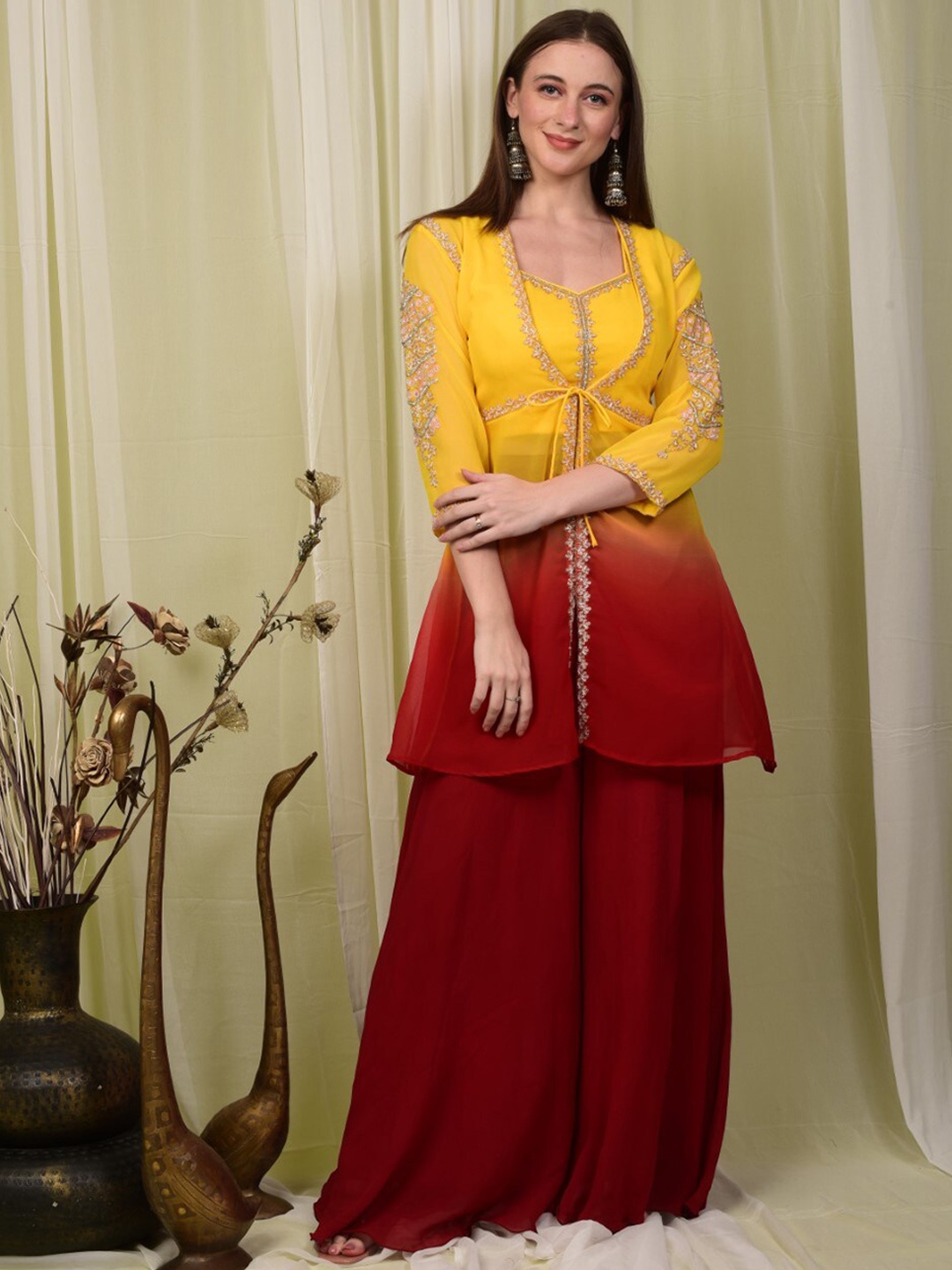 

Laalzari Georgette Crop Top With Palazzos & Gotta Patti Detailed Jacket, Yellow