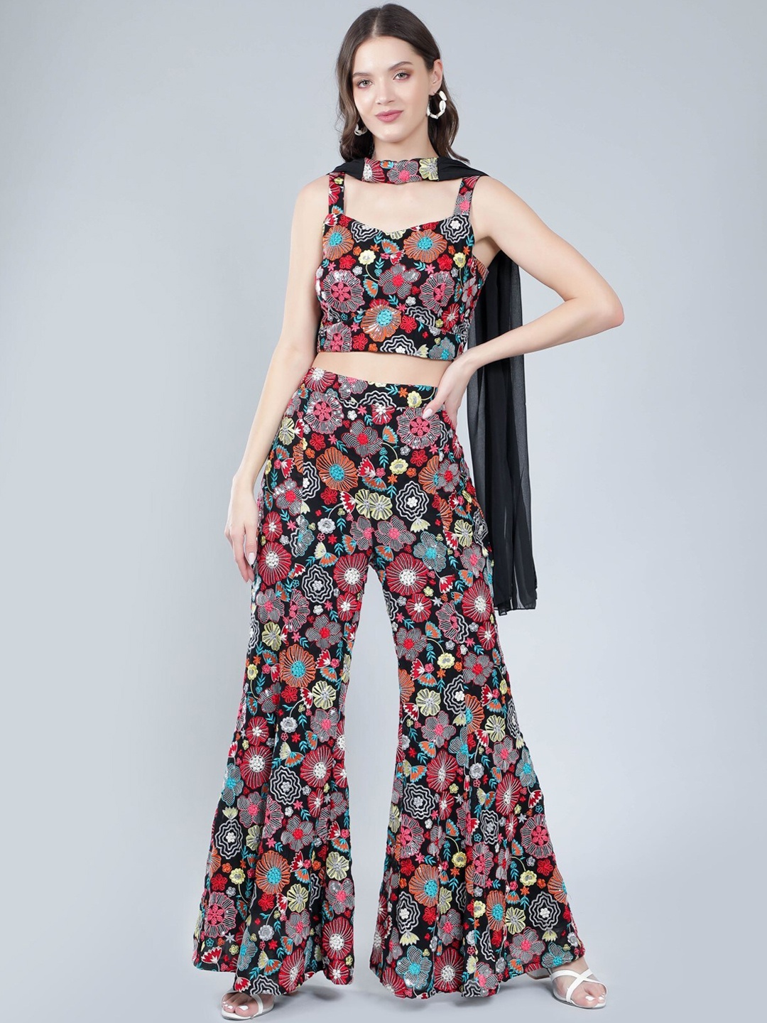 

Laalzari Floral Threadwork Crop Top with Palazoo & Neck Band Dupatta, Black