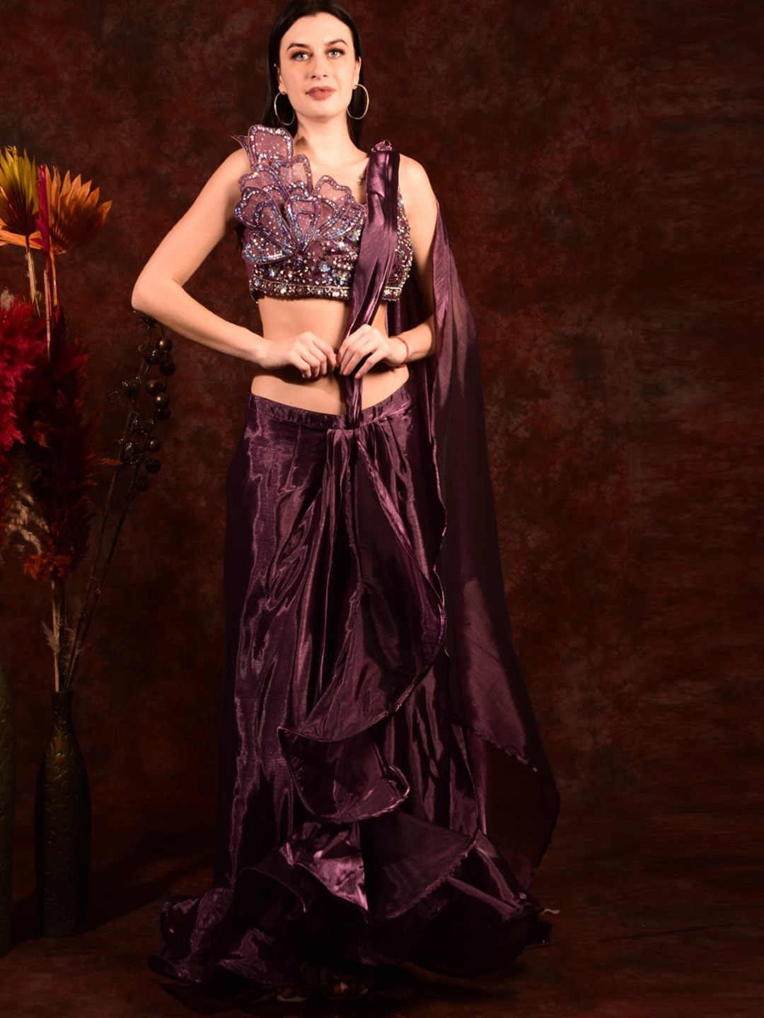 

Laalzari Embroidered Satin Crop Top With Skirt And Attached Dupatta, Purple