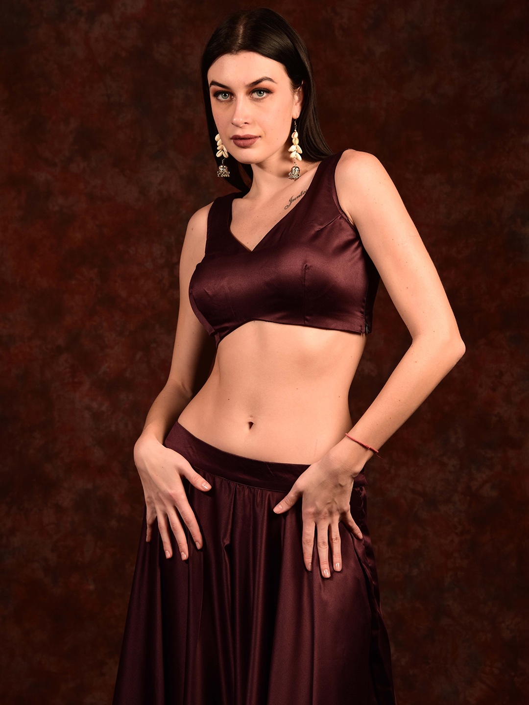

Laalzari Satin-Finish Wide Leg Ethnic Co-Ords With Embellished Shrug, Burgundy
