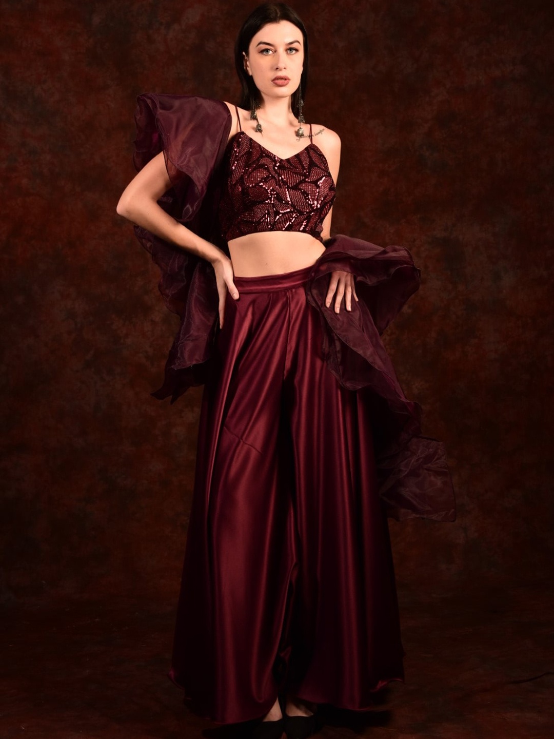 

Laalzari Embellished Satin Crop Top With Wide Palazzo And Ruffled Dupatta, Maroon