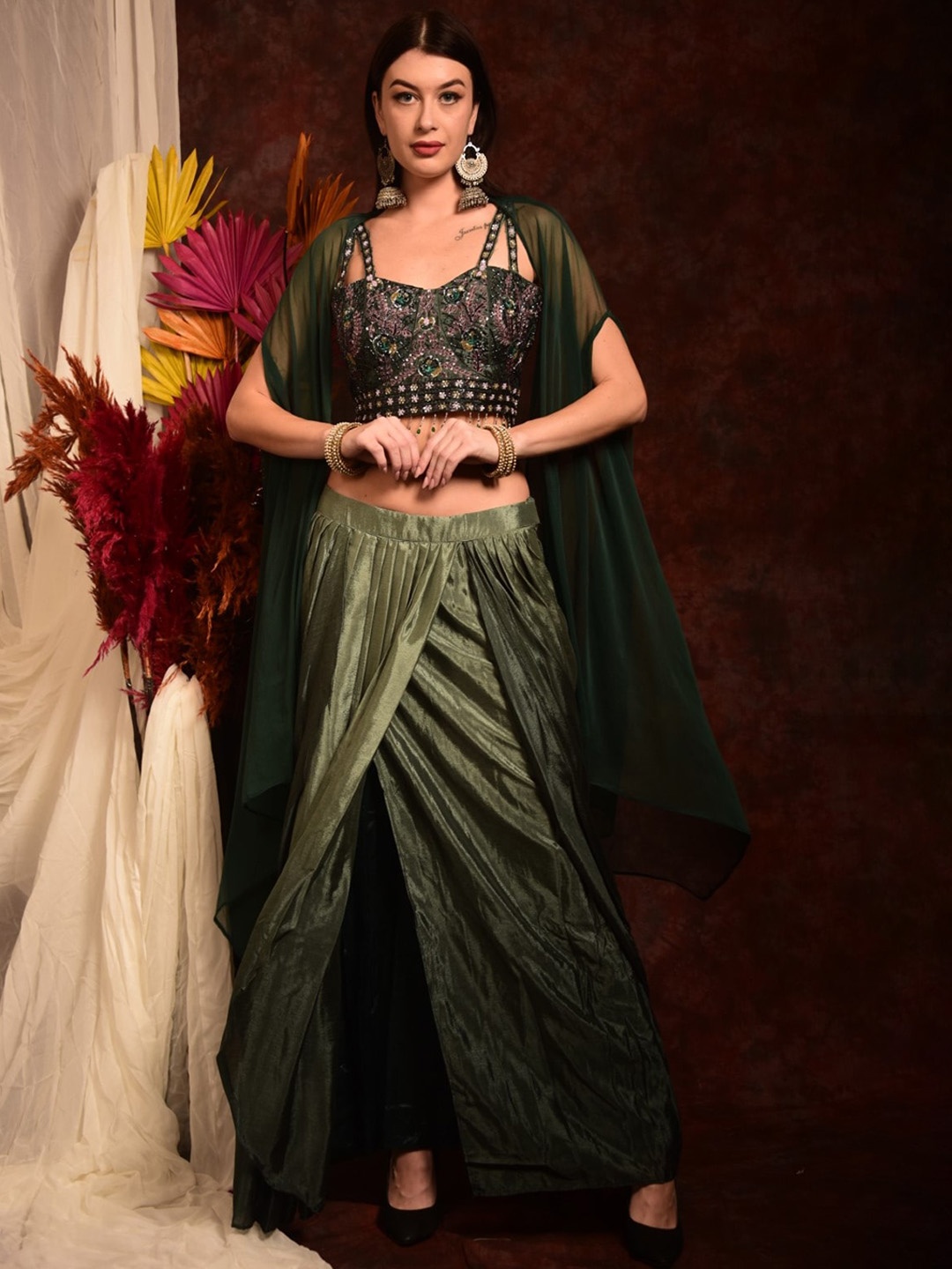

Laalzari Sequined Embellished Georgette Crop Top with Skirt & Shrug, Green