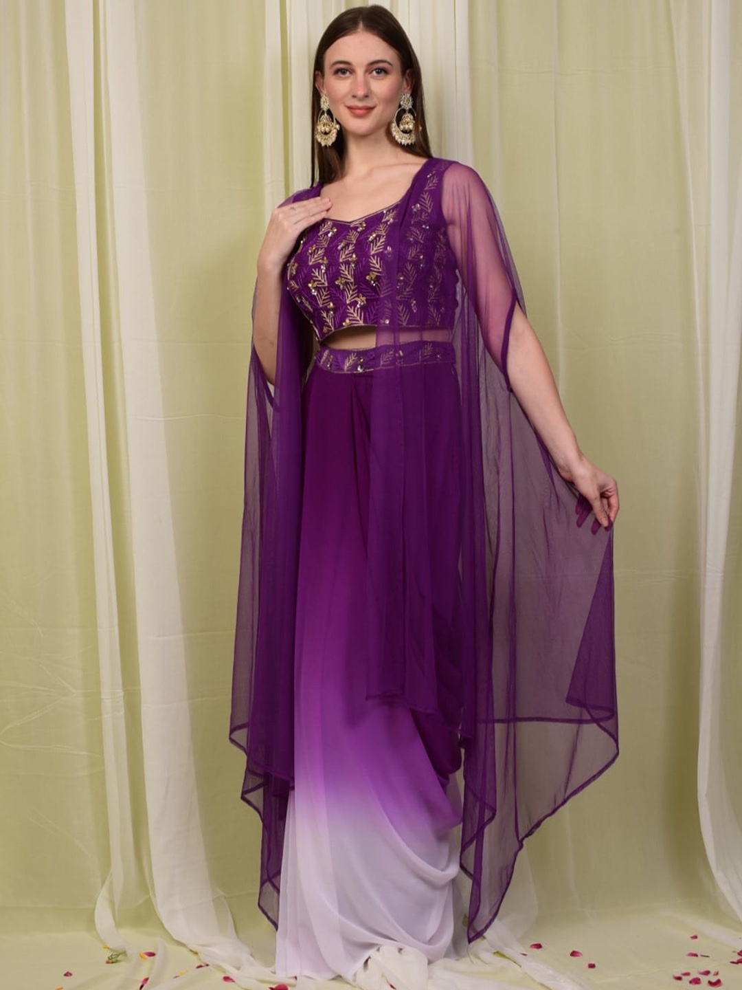 

Laalzari Embroidered Satin Crop Top With Shaded Dhoti Skirt & Shrug, Purple