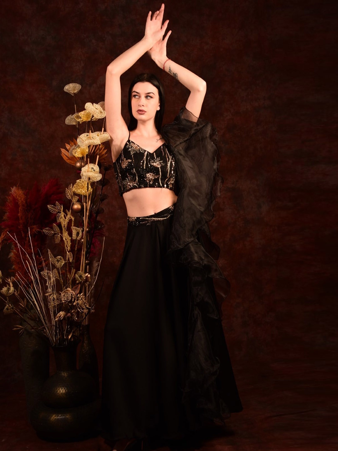 

Laalzari Embellished Satin Crop Top & Wide Palazzo With Ruffle Dupatta, Black