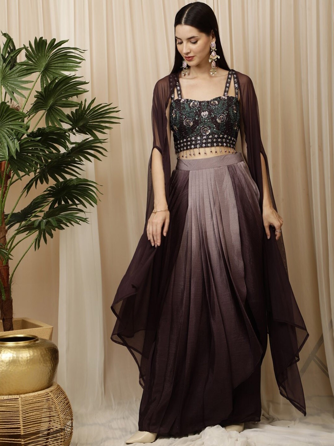 

Laalzari Ethnic Motifs Embroidered Sequinned Top & Skirt With Shrug, Grey
