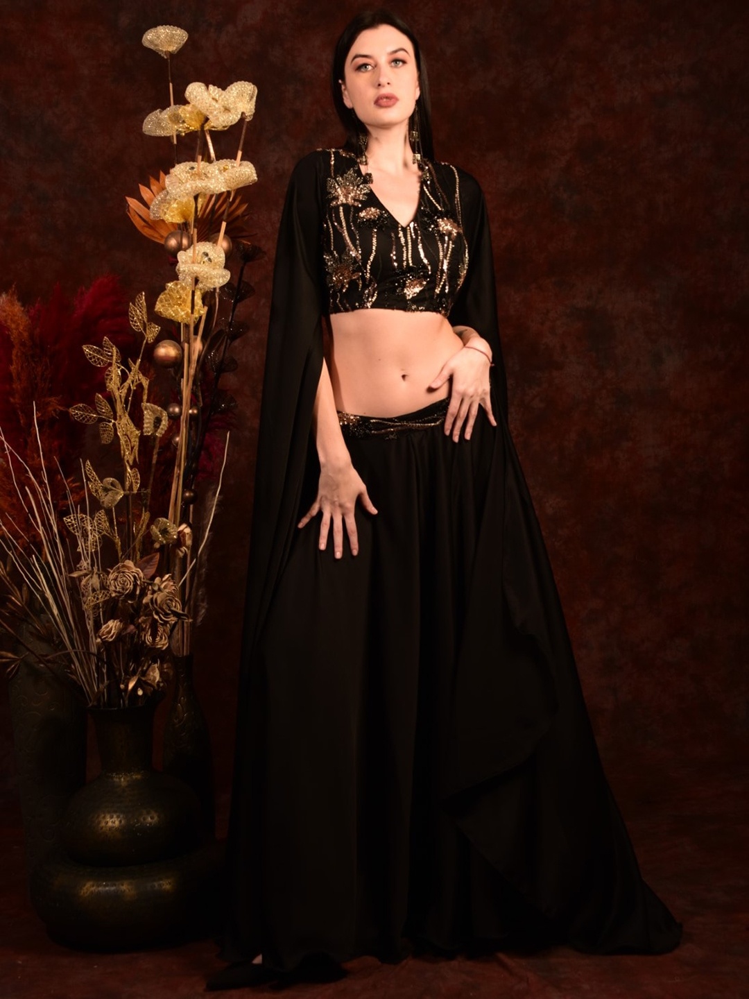 

Laalzari Embellished Satin Crop Top With Tale Sleeves And Wide Palazzos, Black