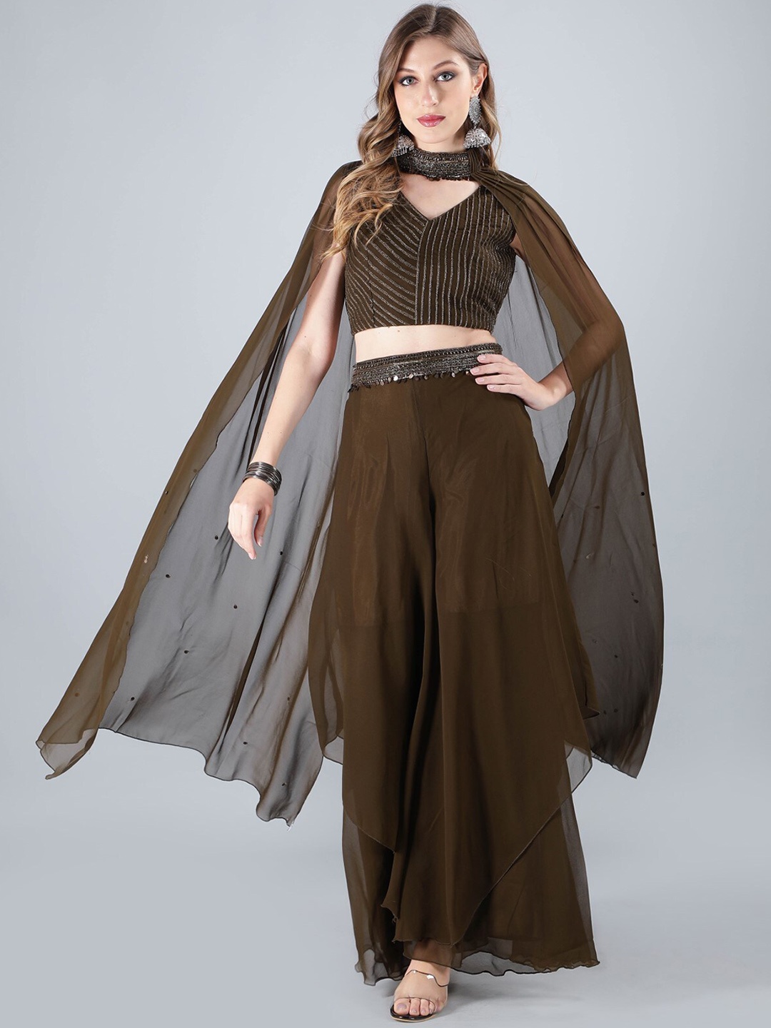 

Laalzari Crop Top with Choker Attached Cape Sleeves & Palazzo Set, Green