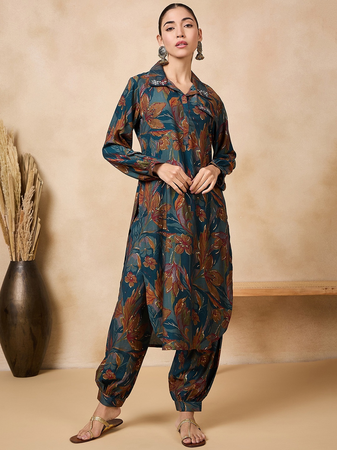 

Anouk Floral Printed Thread Work Shirt Collar Foil Print Kurta With Salwar, Teal