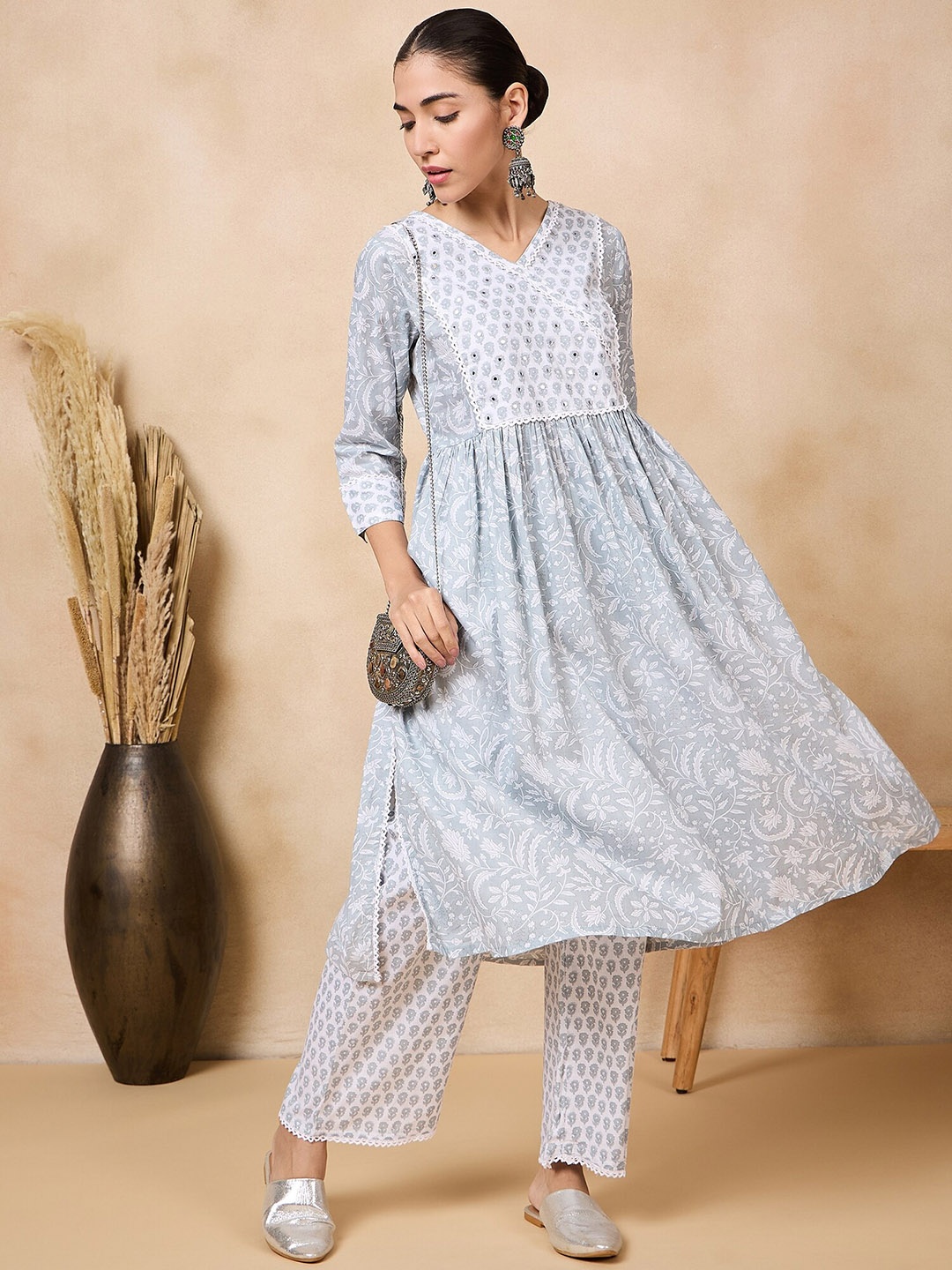 

Anouk Floral Printed Mirror Work Anarkali Pure Cotton Kurta with Trousers, Grey