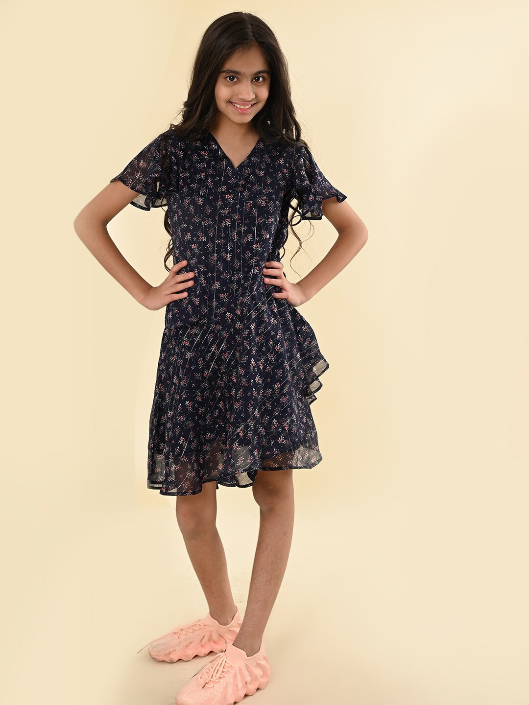 

BAESD Girls Floral Printed Flutter Sleeve Crepe Fit & Flare Dress, Navy blue