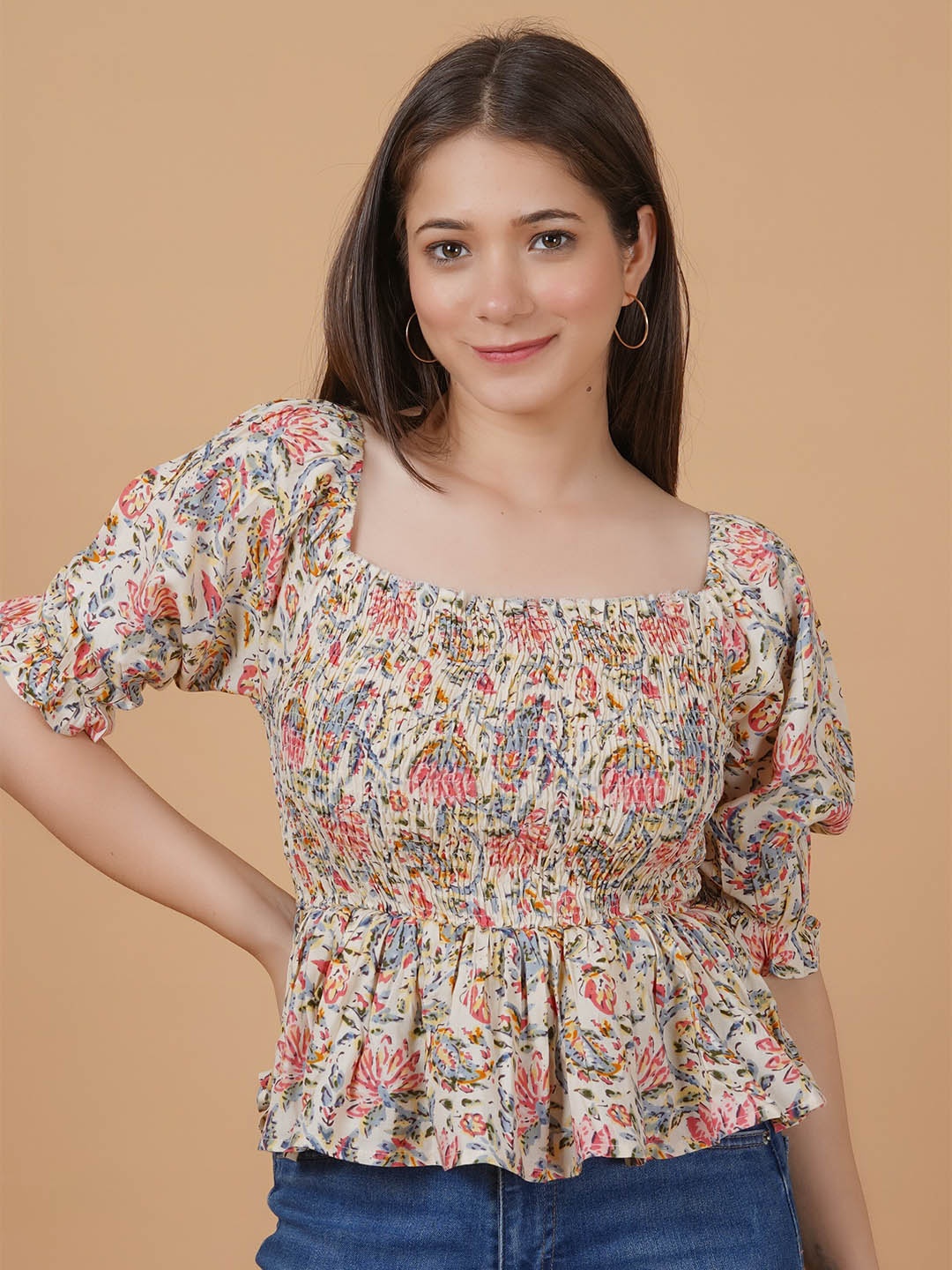 

INDIANIC Floral Printed Puff Sleeve Smocked Cinched Waist Top, Cream