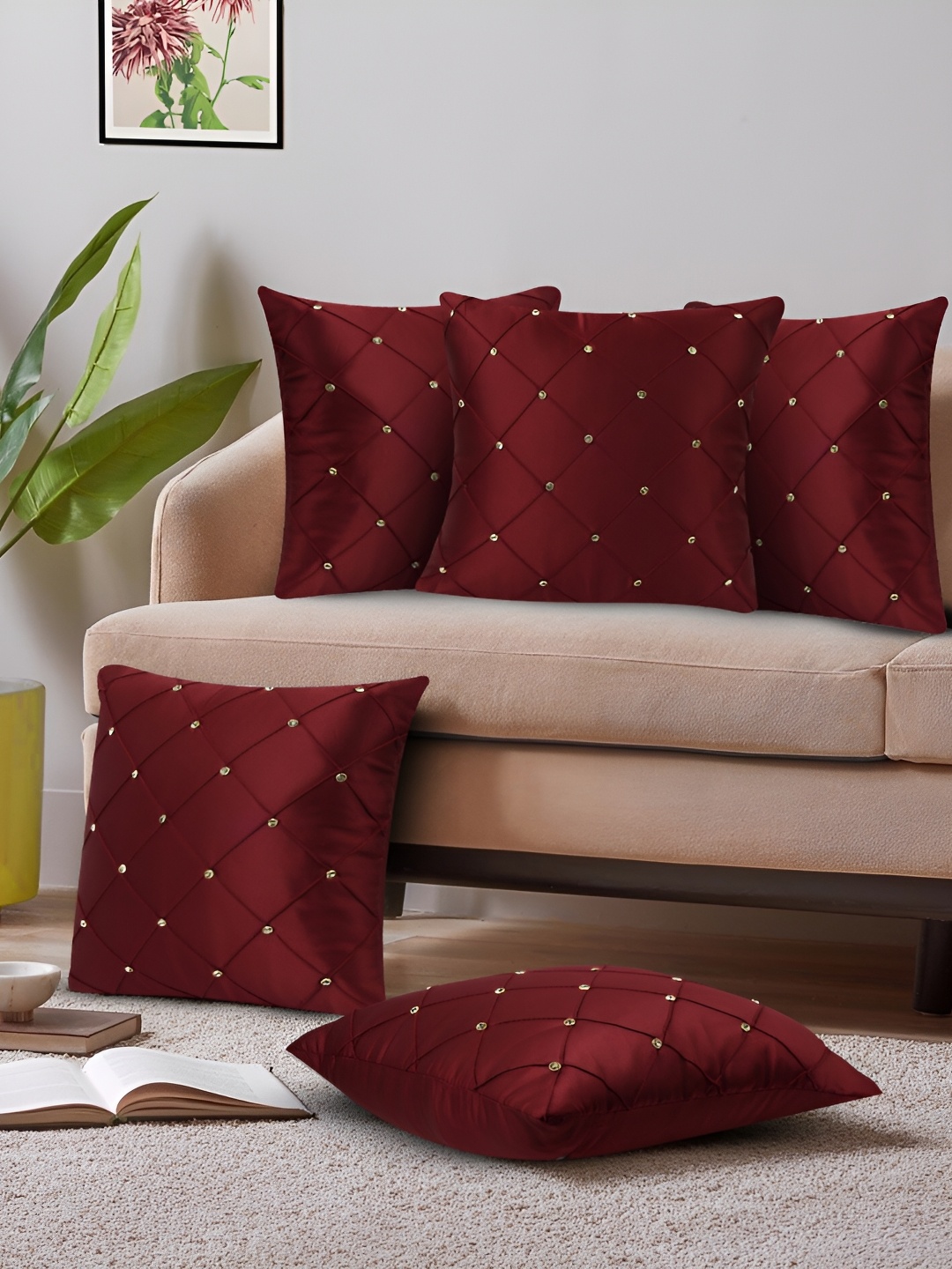 

JDX Red & White 5 Pieces Geometric Square Embellished Cushion Covers