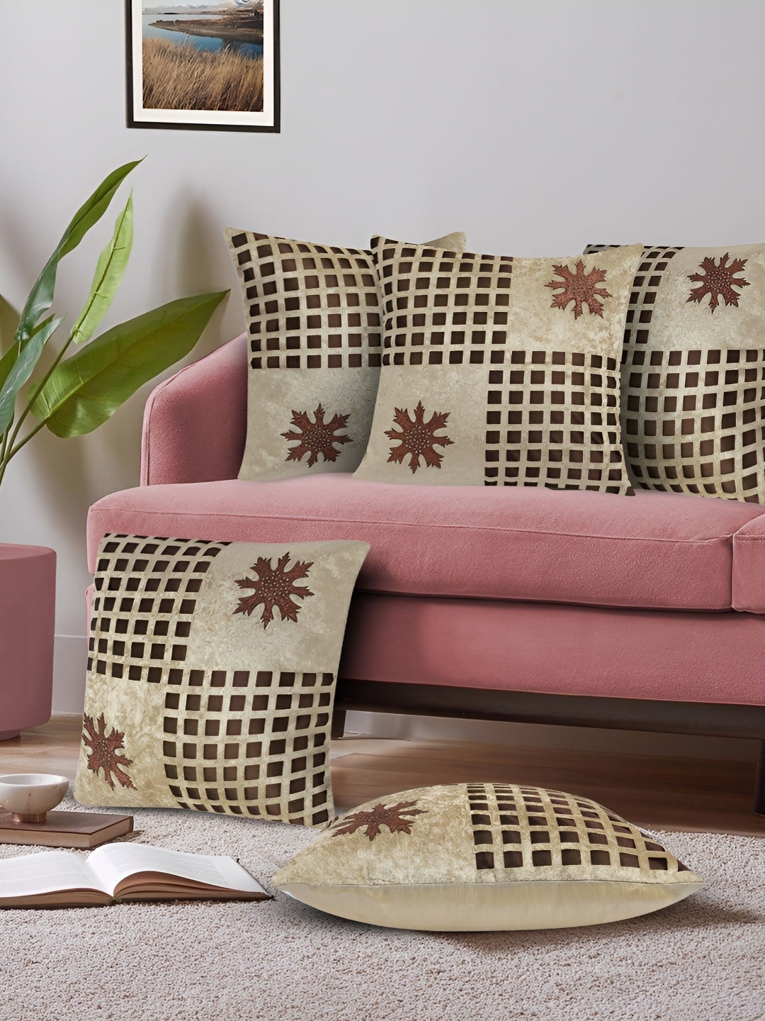 

JDX Beige & Brown 5 Pieces Geometric Square Cushion Covers