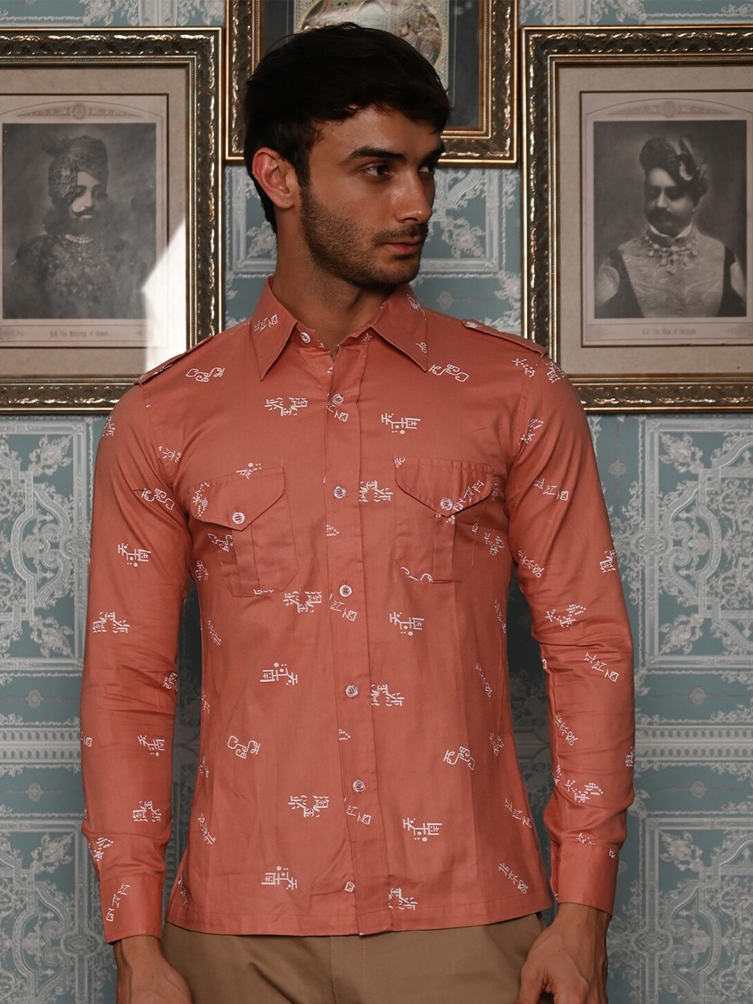 

ODETTE Standard Conversational Printed Cotton Shirt, Peach