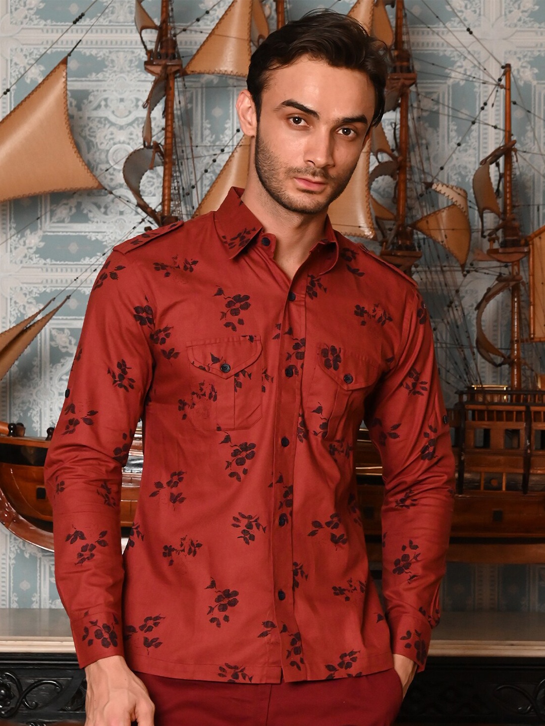 

ODETTE Standard Floral Printed Cotton Casual Shirt, Maroon