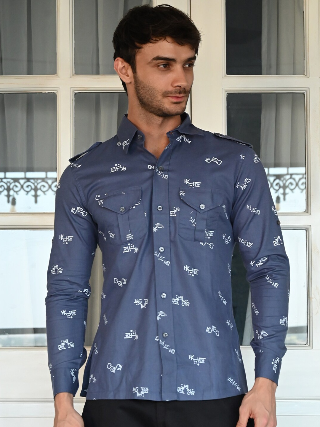 

ODETTE Standard Conversational Printed Cotton Casual Shirt, Blue
