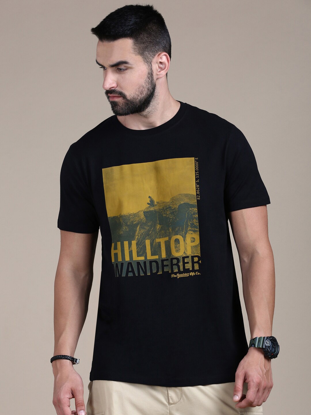 The Roadster Lifestyle Co Black Graphic Printed Cotton Round Neck T shirt