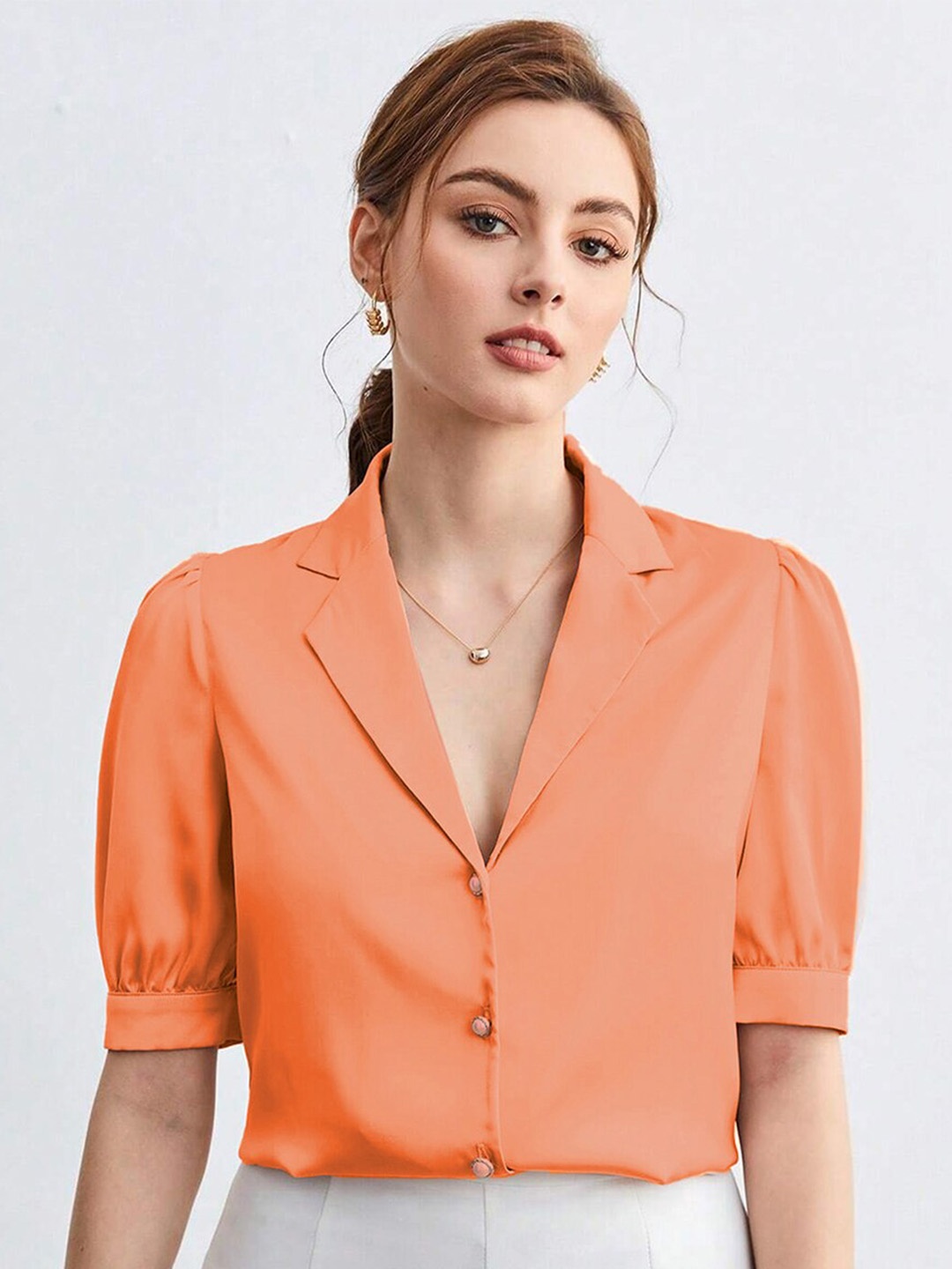 

Selvia New Regular Fit Puff Sleeves Casual Satin Shirt, Peach
