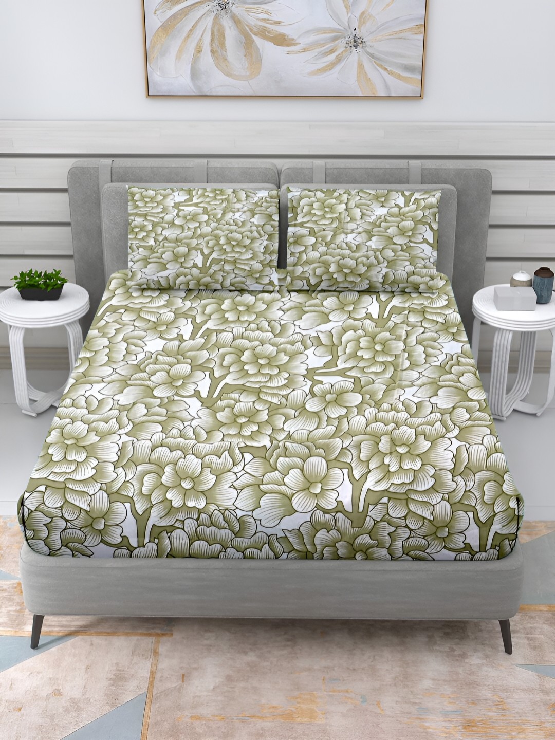 

Cortina Green & White Floral Printed Cotton 144 TC Queen Bedsheet with 2 Pillow Covers