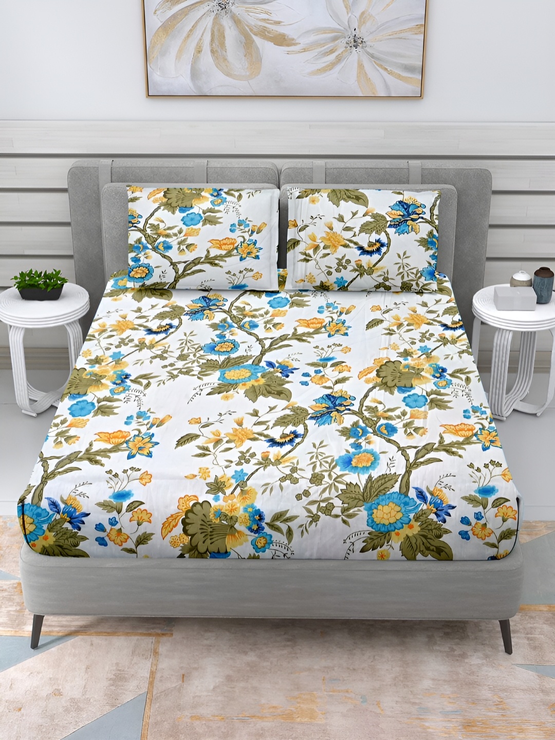 

Cortina White & Blue Floral Cotton 144 TC Queen Bedsheet with 2 Pillow Covers