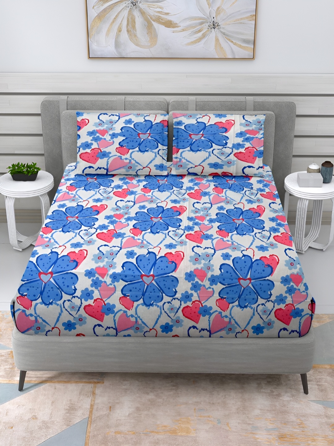 

Cortina Blue & Red Floral Printed Cotton 144 TC Queen Bedsheet with 2 Pillow Covers