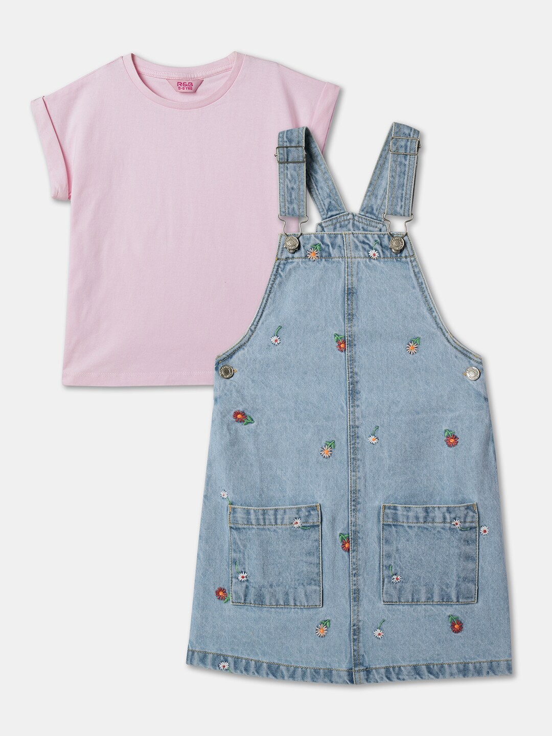 

R&B Girls Floral Embroidered Cotton Mini Pinafore Dress With T shirt, Blue