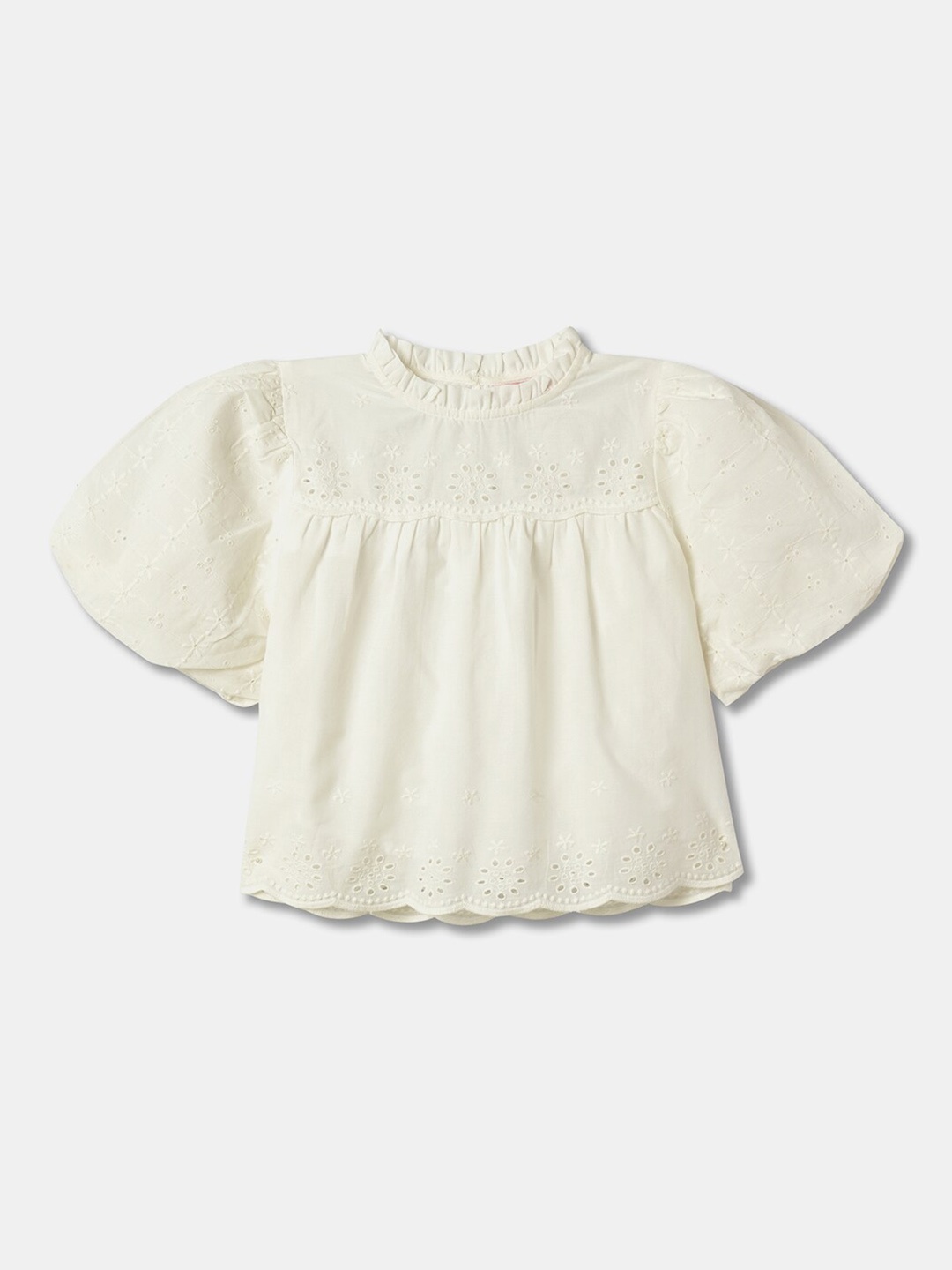 

R&B Girls Schiffli Cotton Top, White