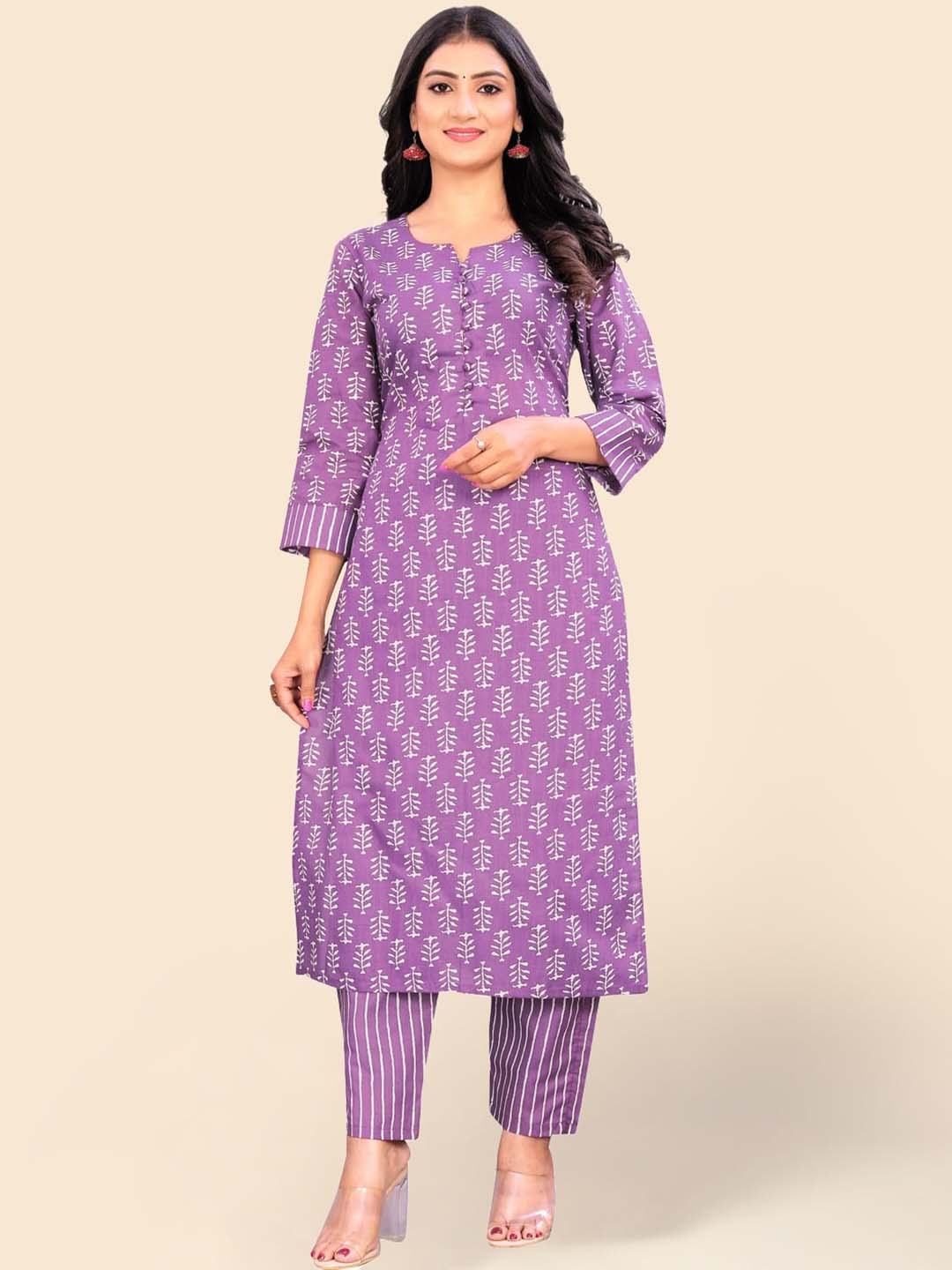 

Meena Bazaar Ethnic Motifs Printed Regular Kurta with Trousers, Purple