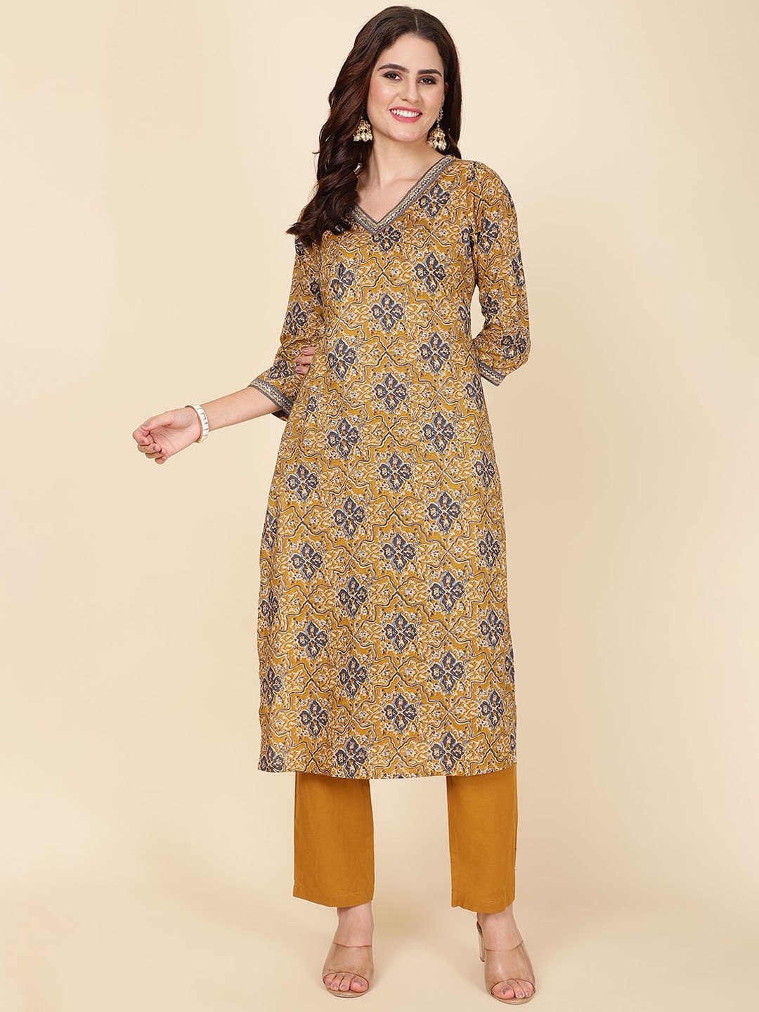 

Meena Bazaar Ethnic Motifs Printed Regular Kurta with Trousers, Mustard