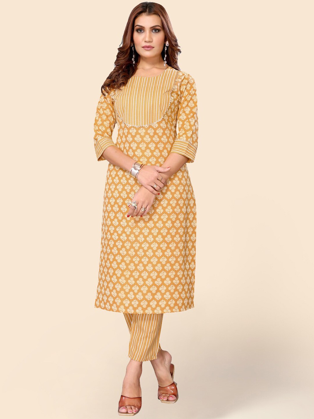 

Meena Bazaar Ethnic Motifs Printed Regular Kurta with Trouser, Mustard