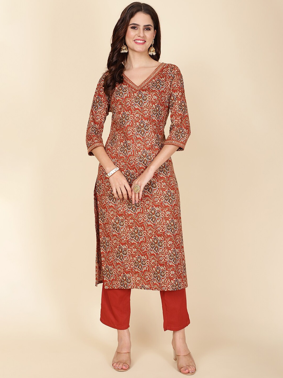 

Meena Bazaar Ethnic Motifs Printed Kurta with Trousers, Rust