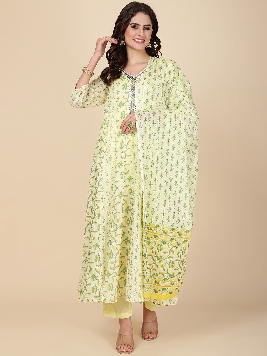 

Meena Bazaar Floral Printed Regular Mirror Work Kurta with Trousers & Dupatta, Green