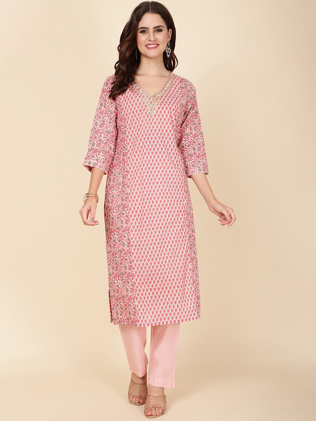 

Meena Bazaar Floral Printed V-Neck Regular Kurta with Trousers, Peach