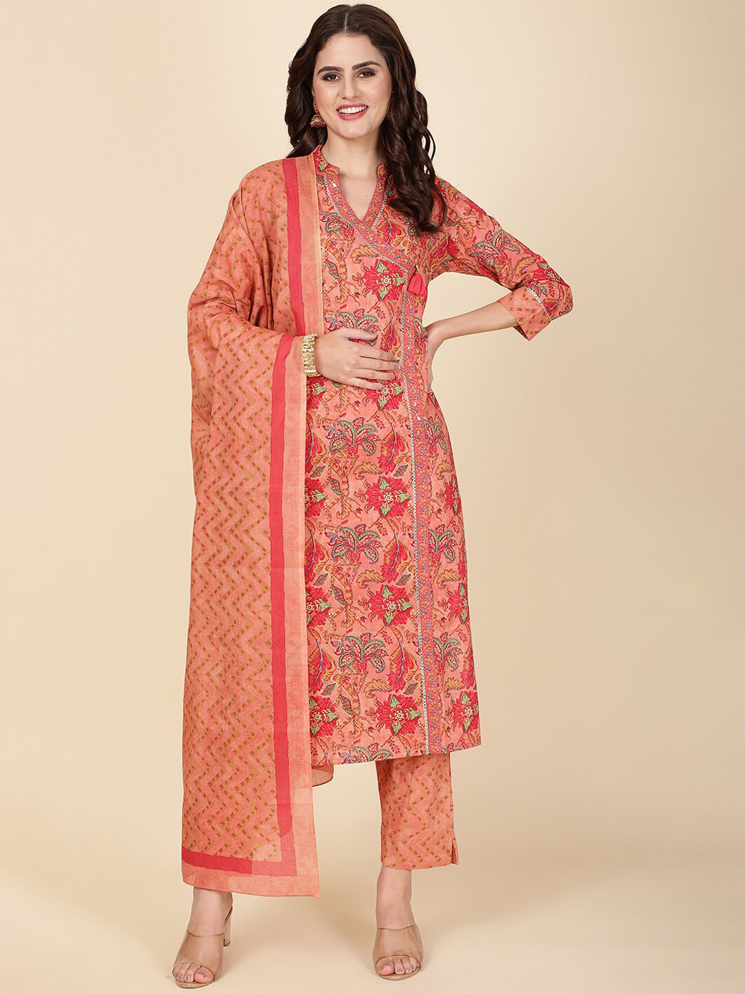 

Meena Bazaar Ethnic Motifs Printed Angrakha Kurta with Trousers & With Dupatta, Peach