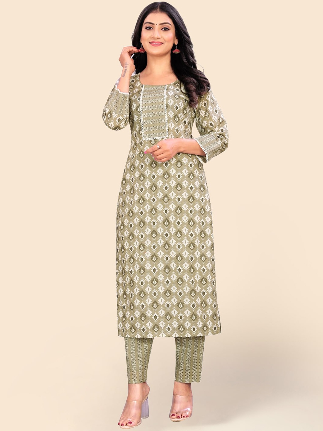 

Meena Bazaar Ethnic Motifs Printed Kurta with Trousers, Grey