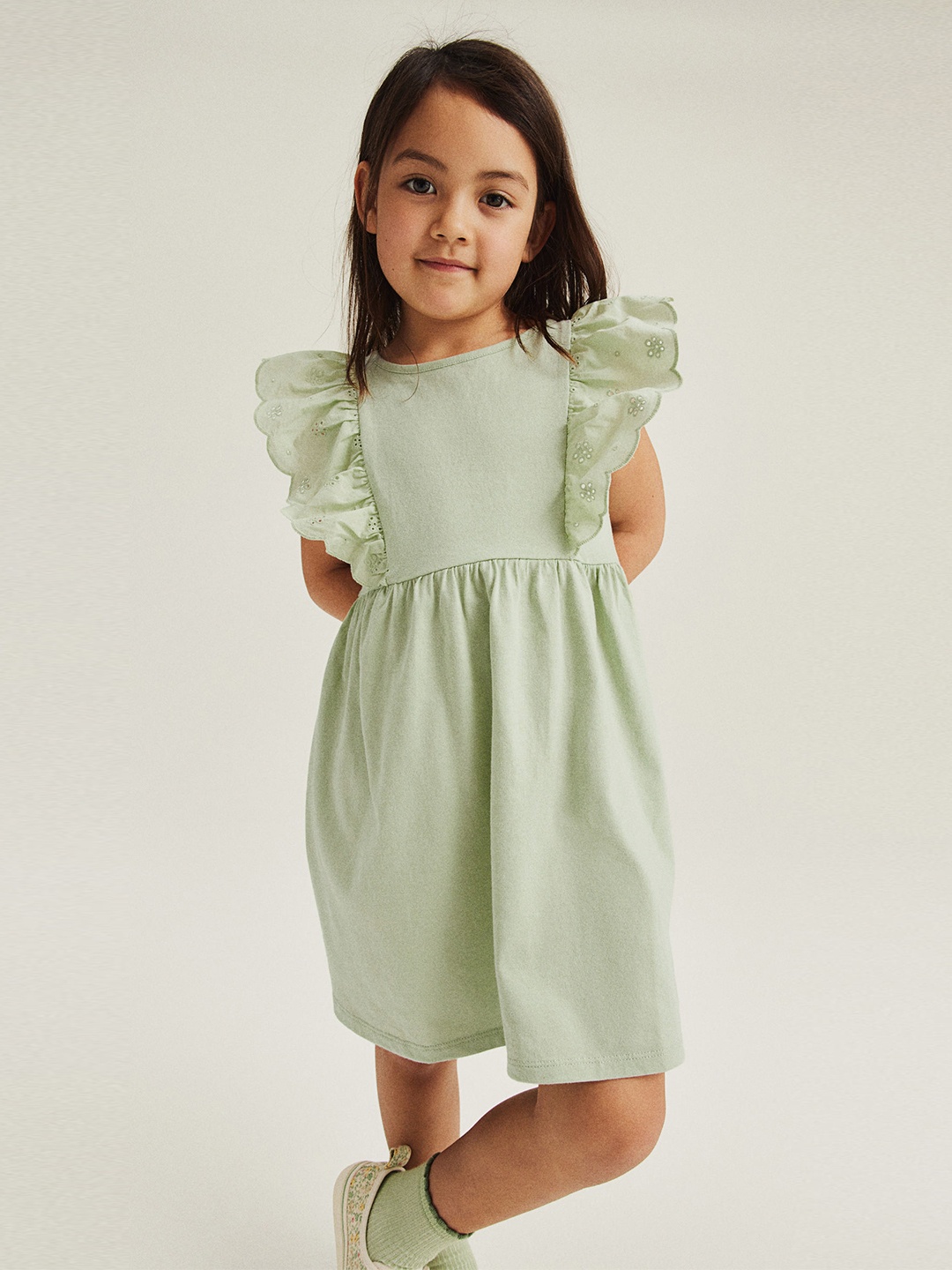 

H&M Girls Flounce-Trimmed Jersey Dress, Green