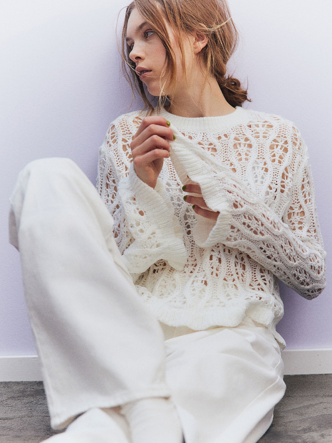 

H&M Frill-Trimmed Pointelle-Knit Jumper, White