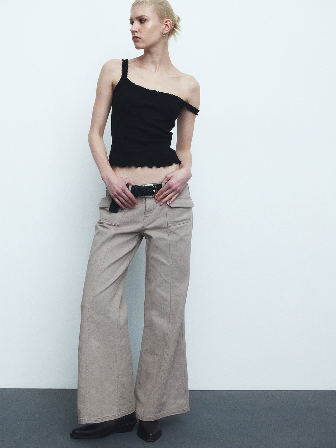 

H&M Pure Cotton Wide Twill Trouser, Beige