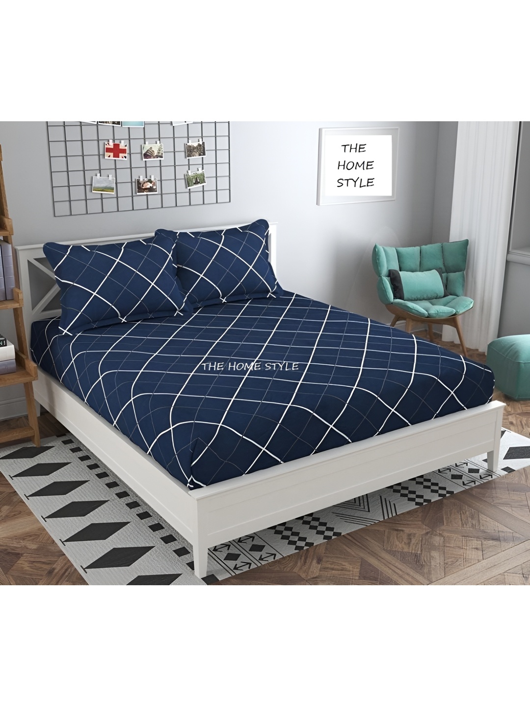 

THE HOME STYLE Navy Blue Geometric Cotton 300 TC Queen Bedsheet With 2 Pillow Covers
